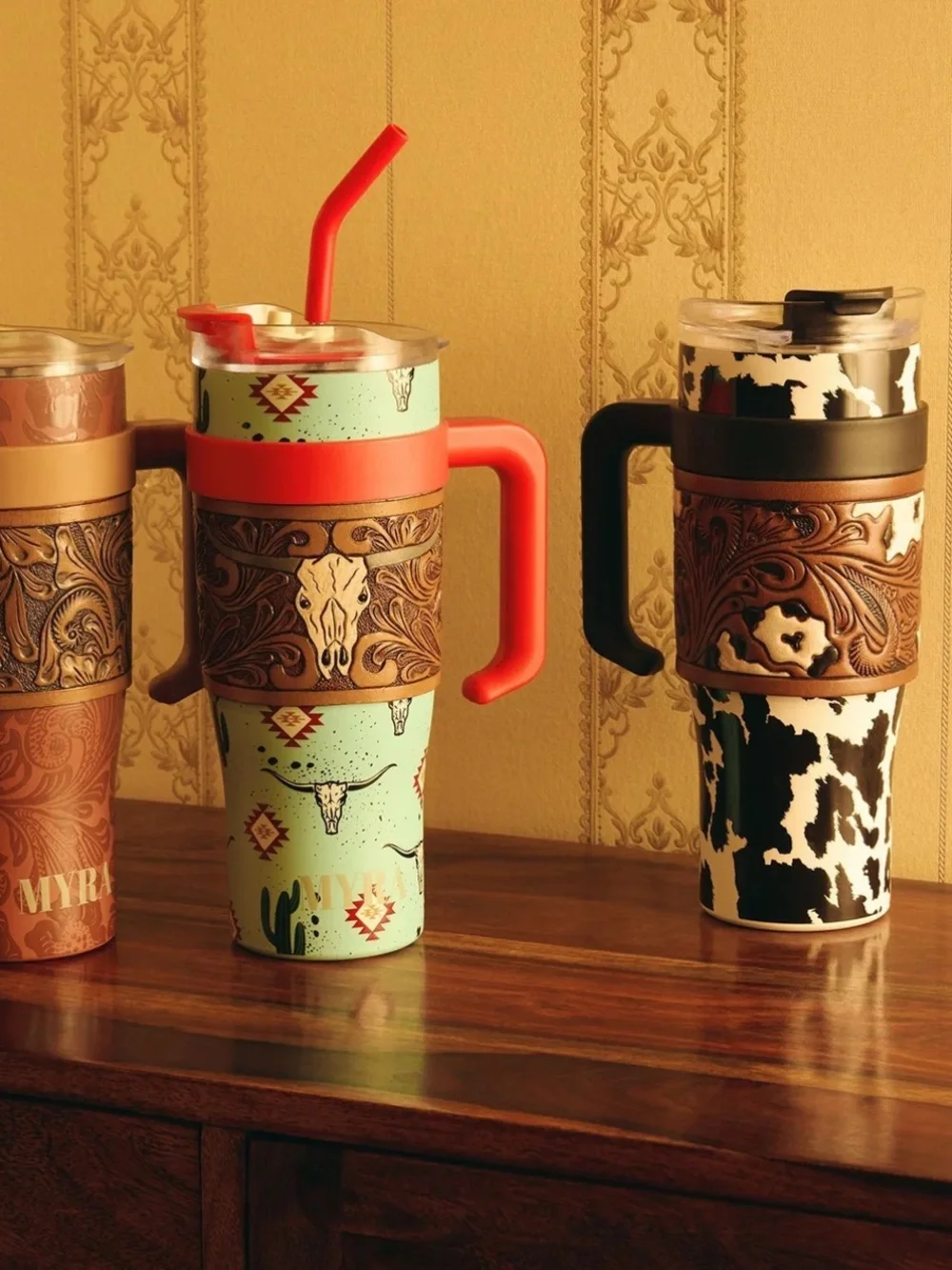 Brown Cowhide Pattern Insulated Travel Mug with Leather Wrap